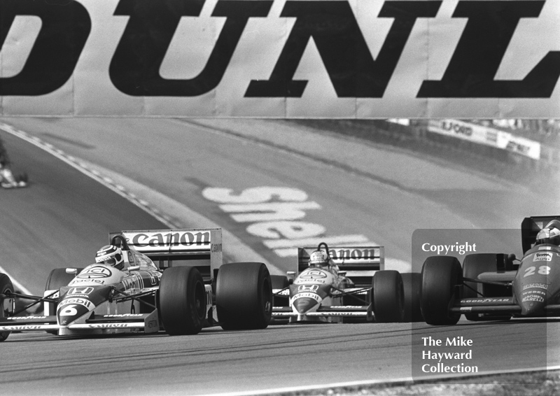 Nelson Piquet, Williams Honda FW11; Nigel Mansell, Williams Honda FW11; and Stefan Johansson, Ferrari F186, Brands Hatch, British Grand Prix 1986.
