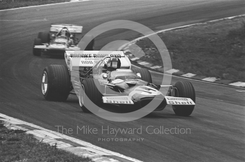 Graham Hill, Brooke Bond Oxo/Rob Walker Lotus 49C V8, followed by Chris Amon, March 701 V8,&nbsp;British Grand Prix, Brands Hatch, 1970
