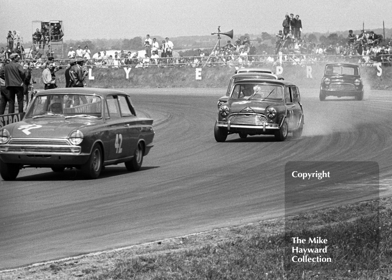 Willy Kay, Ford Lotus Cortina; John Lewis, Mini Cooper S; and Barrie Williams, McKechnie Racing Mini Cooper S; Ovaltine Trophy Touring Car Race, Silverstone, British Grand Prix, 1967.