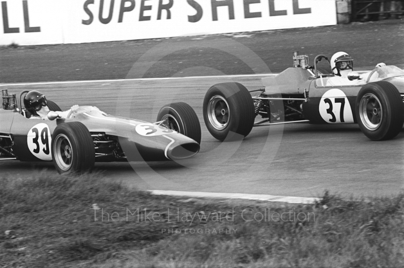 Harry Stiller, Charles Lucas Brabham BT21, and Roy Pike, Charles Lucas Titan MK 1, Oulton Park, BRSCC Â£1000 1967.
