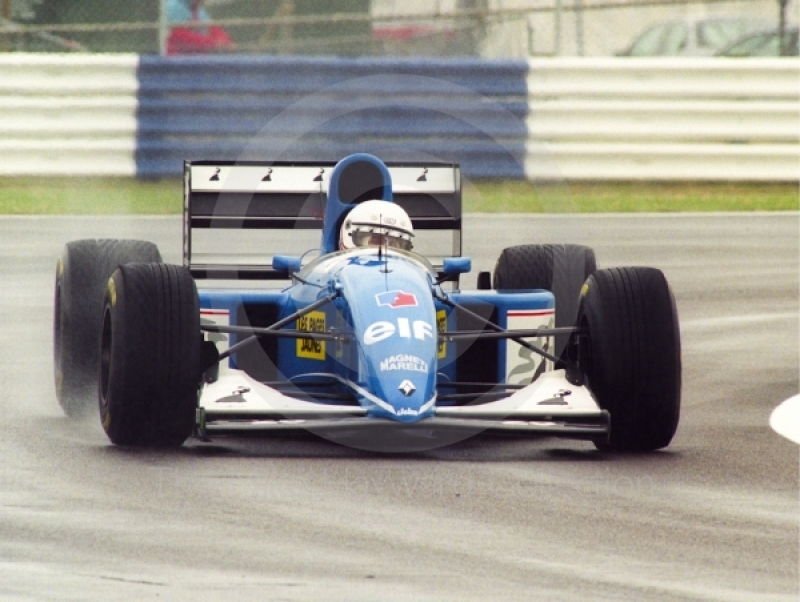 Martin Brundle, Ligier Renault JS39, seen during wet qualifying at Silverstone for the 1993 British Grand Prix.
