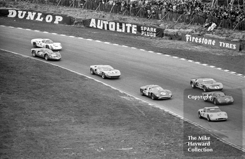 First lap at Paddock Hill Bend, BOAC 500, Brands Hatch, 1968. From the front, the cars and drivers are as follows:<br />
<br />
47 - Digby Martland/Brian Classick, Chevron B8 BMW<br />
43 - Lucien Bianchi/Udo Schutz, Alfa Romeo T33/2<br />
5 &nbsp; - Paul Hawkins/David Hobbs, Ford GT40<br />
49 - Mark Konig/Tony Lanfranchi, Nomad MK.1<br />
16 - Mike Salmon/David Piper, Ford GT40<br />
23 - Chris Ashmore/Jeff Edmunds, Porsche 906<br />
45 - Rico Steinemann/Dieter Spoerry, Porsche 910

&nbsp;

