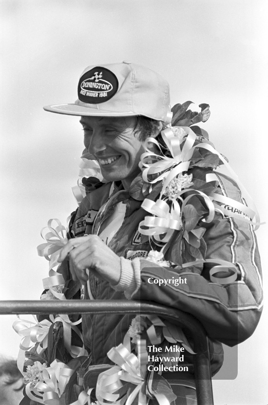 Geoff Lees after winning the John Howitt F2 Trophy, Donington, 1981.
