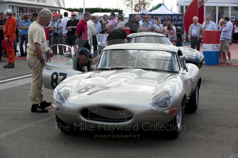 Carlos Monteverde/Gary Pearson Jaguar E type before the Masters 'Gentleman Drivers' race, Silverstone Classic 2010