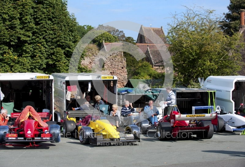 The paddock with St Michael's Church in the background, Hagley and District Light Car Club meeting, Loton Park Hill Climb, September 2013.