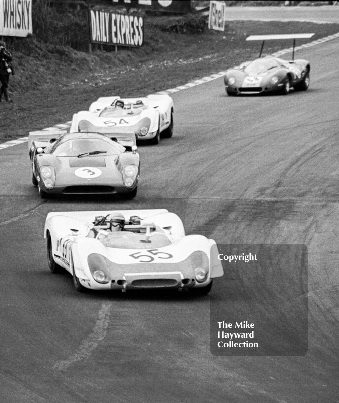 Vic Elford/Richard Attwood, Porsche 908; Jo Bonnier/Herbert Muller, Lola T70;&nbsp;Gerhard Mitter/Udo Schutz, Porsche 908 and Denny Hulme/Frank Gardner,&nbsp;Ford F3L&nbsp;P68, Brands Hatch, BOAC 500 1969.
