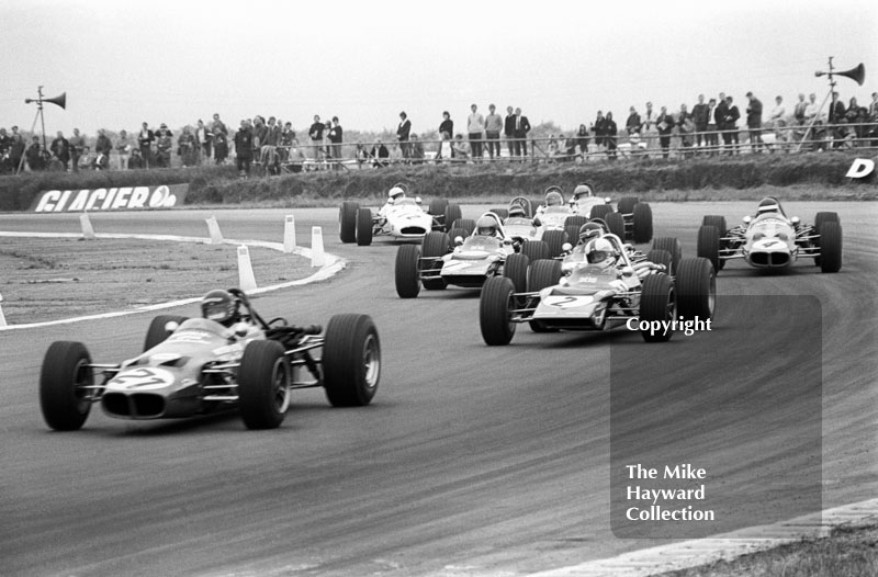 James Hunt, Molyslip Racing Lotus 59, leads Dave Walker, Gold Leaf Team Lotus 59, Martini International Trophy Formula 3 race, Silverstone, 1970.
