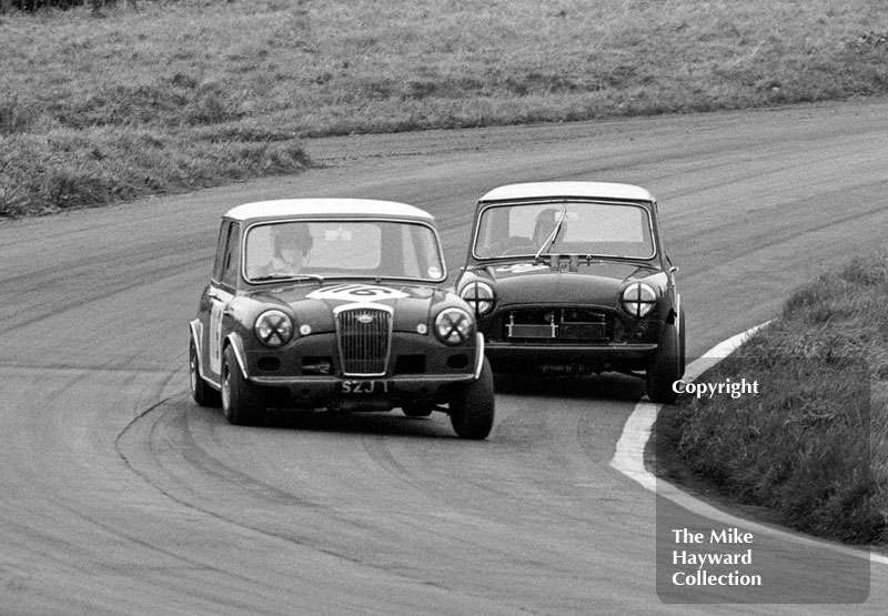 Alec Poole, Wolseley Hornet (SZJ 1), followed by Harry Ratcliffe, Mini, Redex Special Saloon Car Championship, BRSCC Â£1000 meeting, Oulton Park, 1967.
