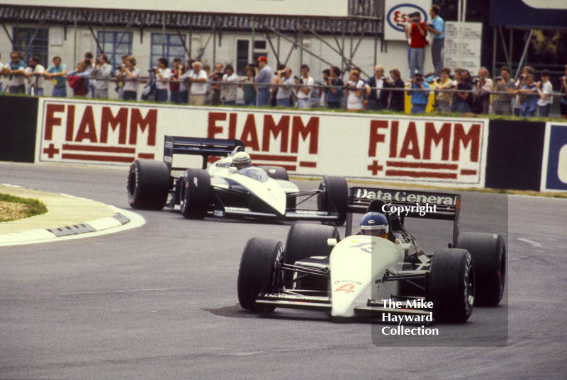 Philippe Streiff, Tyrrell Ford DG016, Riccardo Patrese, Brabham BMW BT56, Silverstone, 1987 British Grand Prix.
