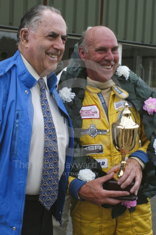 Jack Brabham presents trophy to Richard Attwood, Oulton Park Gold Cup, 2002