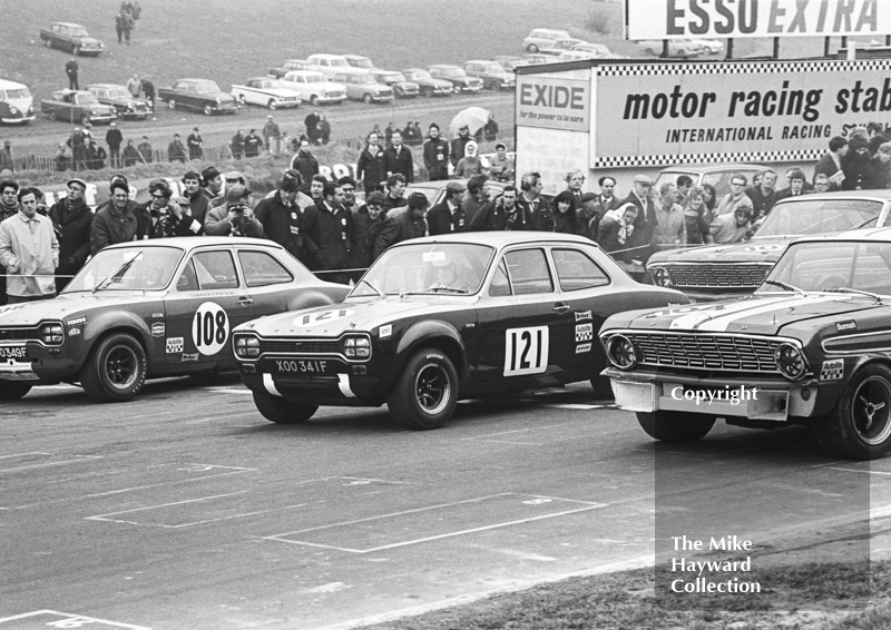 Frank Gardner, Alan Mann Ford Escort, and John Fitzpatrick, Team Broadspeed Ford Escort, Brands Hatch, Race of Champions meeting 1969.