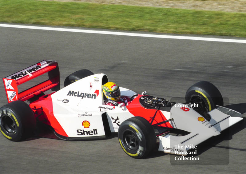 Ayrton Senna, McLaren MP4-8, during the morning warm-up, Silverstone, British Grand Prix 1993.
