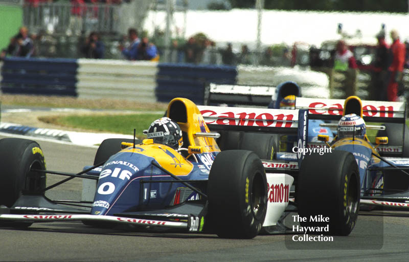 Damon Hill, Williams Renault FW15C, and Alain Prost, Williams Renault FW15C, Silverstone, British Grand Prix 1993.
