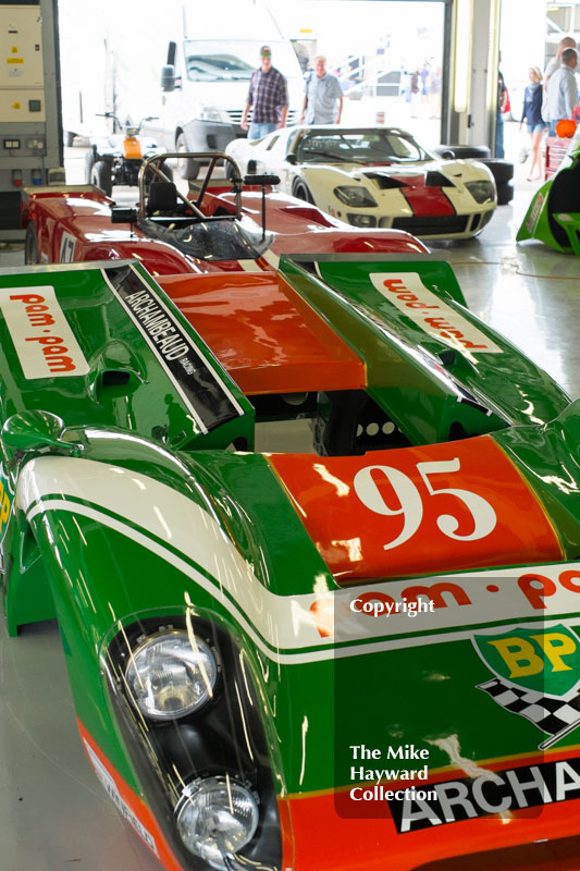 Bodywork of Gary Culver's Lola T70 Mk 3 in the pits, 2016 Silverstone Classic.
