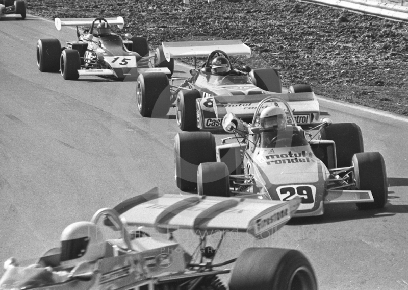 Bob Wollek, Motul Brabham BT38-12; Adrian Wilkins, John Coombs March 722-15; and David Purley, Lec Refrigeration Racing&nbsp;March 722-10, Mallory Park, Formula 2, 1972.
