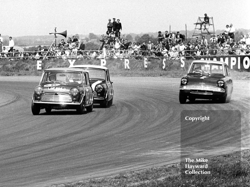 Steve Neal, Equipe Arden Mini Cooper S, and John Fitzpatrick, Broadspeed Ford Escort, Ovaltine Trophy Touring Car Race, Silverstone, British Grand Prix, 1967.
