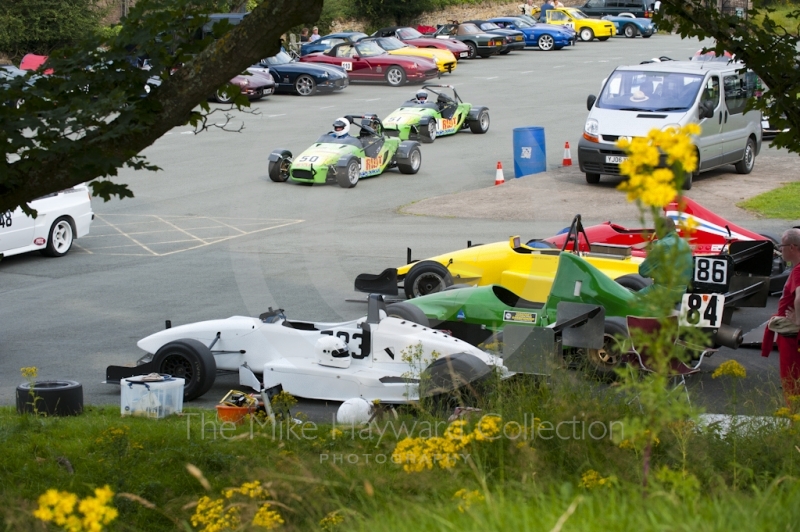 Cars lining up in the paddock, Hagley and District Light Car Club meeting, Loton Park Hill Climb, August 2012. 