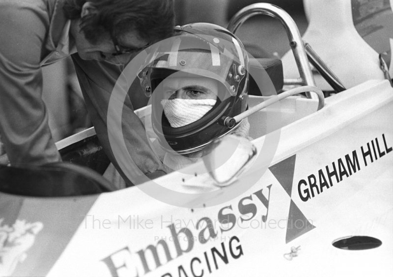 Graham Hill, Lola T370, on the grid for the start of the 1974 British Grand Prix at Brands Hatch.
