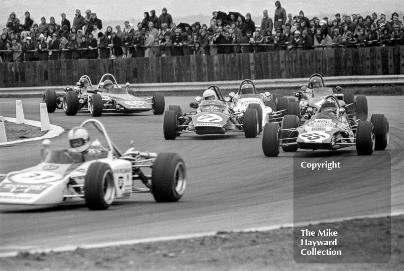Roger Williamson, GRD 372, Barrie Maskell, Lotus 69, Conny Andersson, Brabham BT35, 1972 International Trophy, Silverstone.
