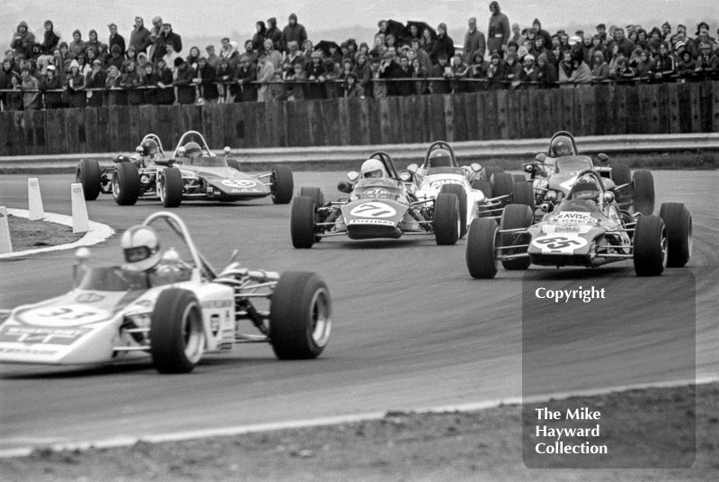 Roger Williamson, GRD 372, Barrie Maskell, Lotus 69, Conny Andersson, Brabham BT35, 1972 International Trophy, Silverstone.
