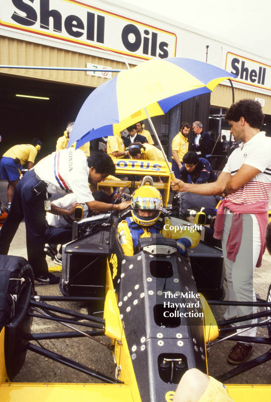 Ayrton Senna, Camel Lotus 99T, during practice for the British Grand Prix, Silverstone, 1987.
