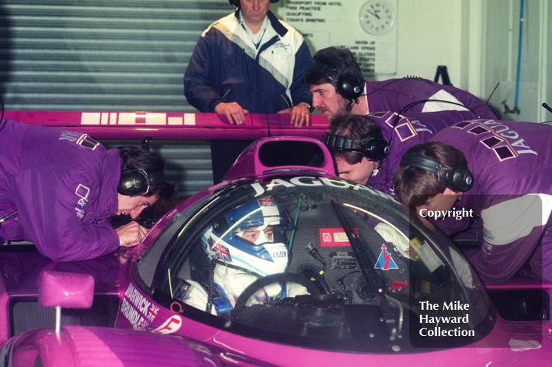 Derek Warwick in the pits, Silk Cut Jaguar XJR-14 Cosworth V12, Castrol BRDC Empire Trophy, World Sports Car Championship, Silverstone, 1991.