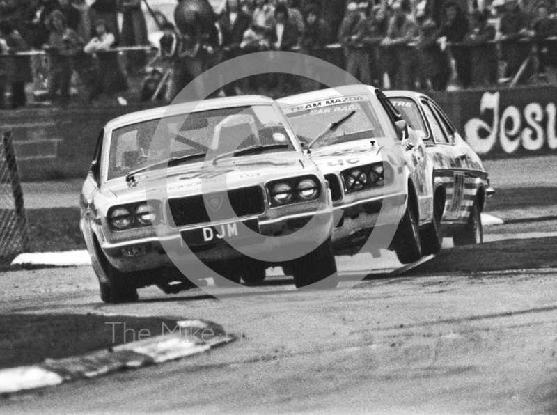 Tony Lanfranchi, Mazda RX3, Alan Priest, Mazda RX3, and Gerry Marshall, Hamilton Motors Vauxhall Magnum, Britax Production Saloon Car Race, European F2 Championship meeting, Silverstone 1975.
