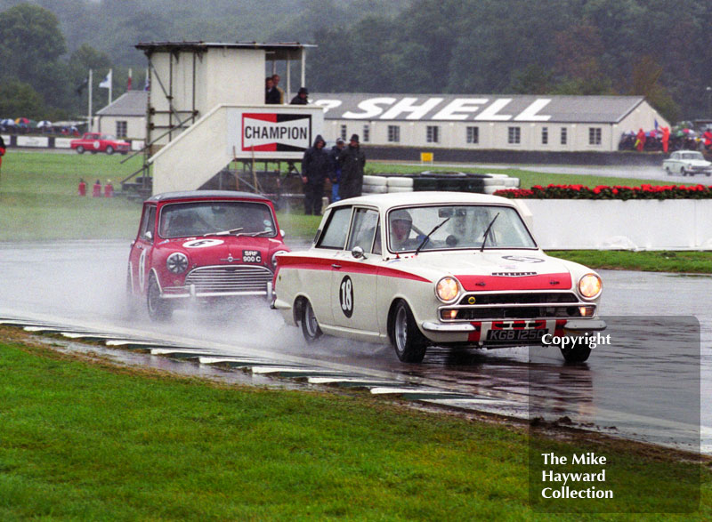 Gerry Marshall, Lotus Cortina Mk 1, and John Rhodes, Mini Cooper S, Goodwood Revival, 1999.
