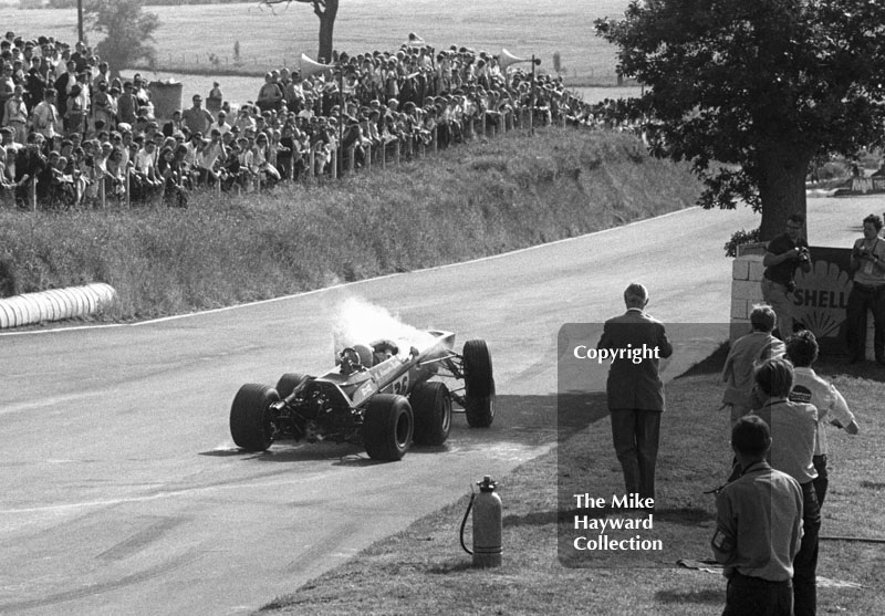 Werner Riedl, McNamara Mk 3, on top of Simon Saye's Chevron B9, Guards Formula 3 Trophy, Mallory Park, June 1969.
