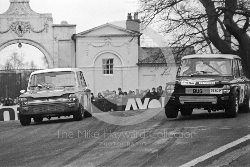 Juhani Kynsilento, George Bevan Sunbeam Imp, and Trevor Wilcox, Hillman Imp, at Oulton Park, Rothmans International Trophy meeting 1971.
