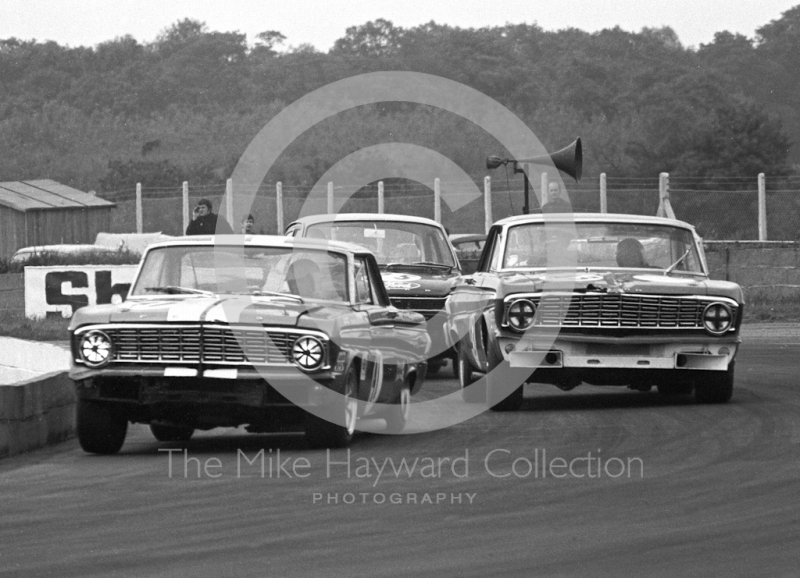 Brian Muir, W J Shaw Ford Falcon; David Hobbs, Malcolm Gartlan Ford Falcon; and John Fitzpatrick, Broadspeed Ford Escort; Silverstone Martini International Trophy 1968.
