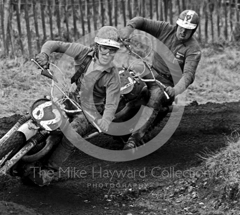 R Downes, Husqvarna 360, ahead of N Stananought, Greeves 380, ACU British Scramble Sidecar Drivers Championship meeting, Hawkstone Park, 1969.