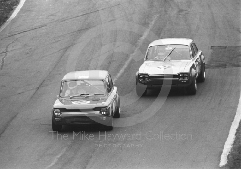 Bill McGovern, George Bevan Sumbeam Imp, and John Littler, Broadspeed Ford Escort, Oulton Park, Rothmans International Trophy meeting 1971.
