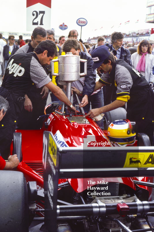 Michele Alboreto's Ferrari 156/85, V6, in the pits, Silverstone, British Grand Prix, 1985.
