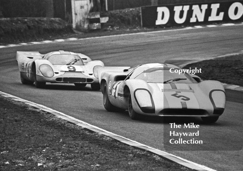 Jo Bonnier, Reine Wisell, Lola T70 Mk3B and Jo Siffert/Brian Redman JW Porsche 917, BOAC 1000kms, Brands Hatch, 1970.
