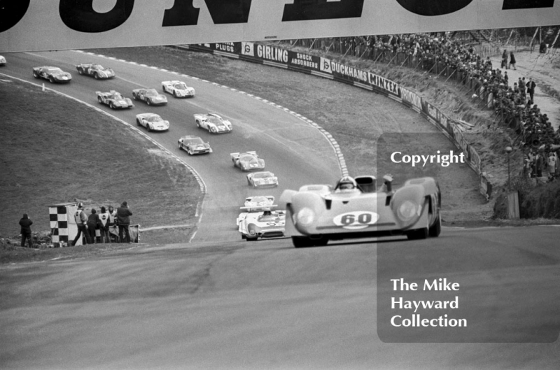 Chris Amon, Ferrari 312P, leads into Druids Hairpin, Brands Hatch, BOAC 500 1969.
