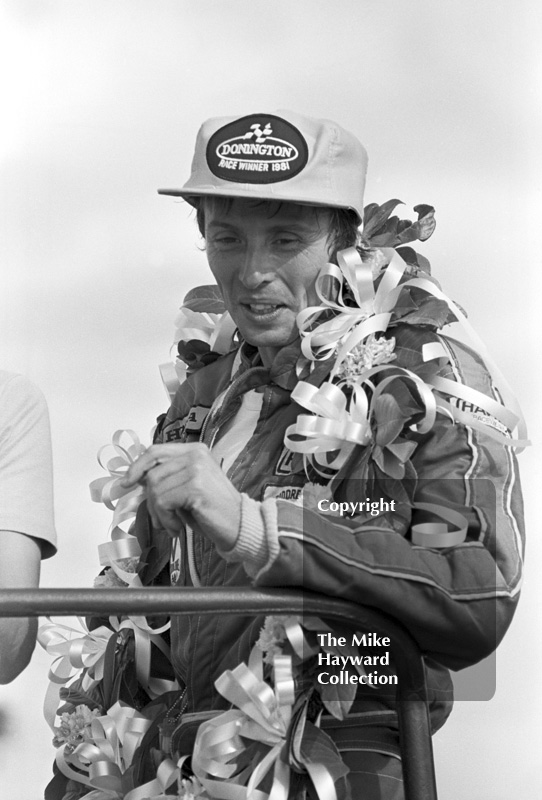 Geoff Lees after winning the John Howitt F2 Trophy, Donington, 1981.
