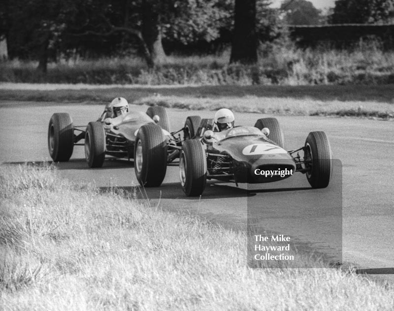 Alan Rees, Roy Winkelmann Brabham BT16 Cosworth leads the works Brabham BT16 of Denny Hulme, Oulton Park Gold Cup, 1965
