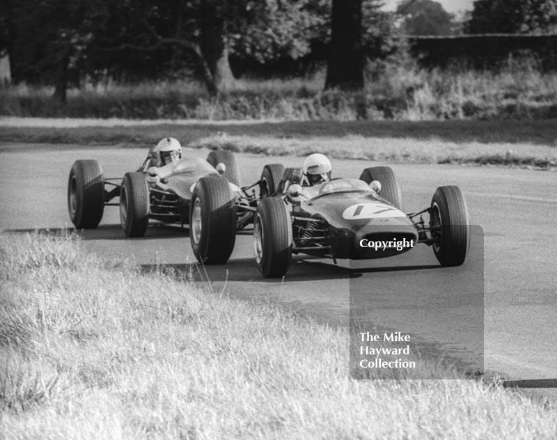 Alan Rees, Roy Winkelmann Brabham BT16 Cosworth leads the works Brabham BT16 of Denny Hulme, Oulton Park Gold Cup, 1965
