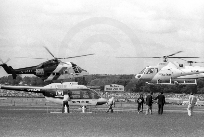 Helicopters land guests and team personnel at Silverstone for the British Grand Prix 1985.
