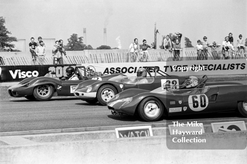 Chris Alford, Lotus 23, Mark Hales, Attila Chevrolet, and Tony Goodwin, Merlyn 6A Lotus, Historic Championships Meeting, Donington Park, 1983.
