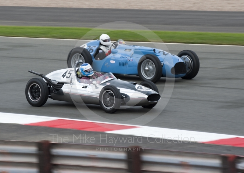 Scotty Taylor, 1958 Cooper T43 and Klaus Lehr, 1948 Talbot Lago T26C, at Woodcote Corner, HGPCA Front Engine Grand Prix Cars, Silverstone Classic, 2010