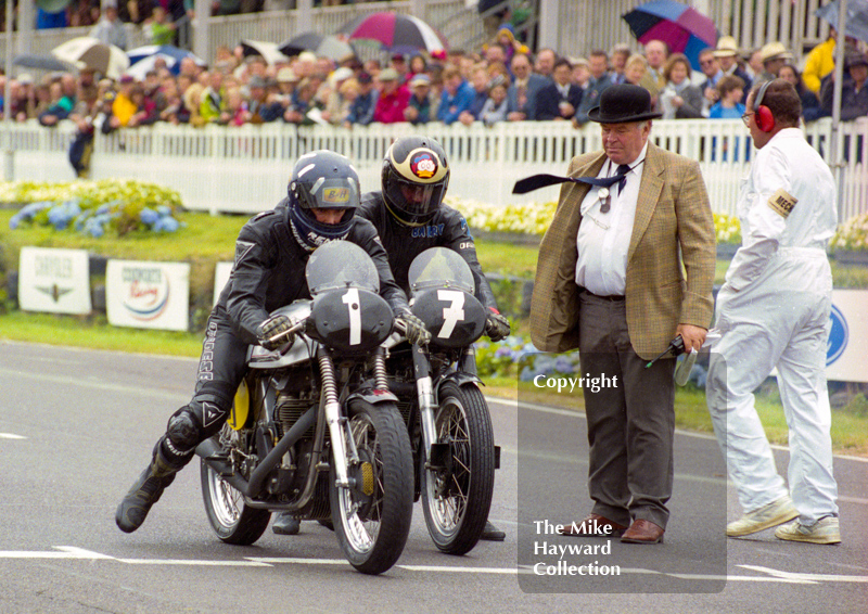 Damon Hill and Barry Sheene on Manx Nortons leave the grid for the Lennox Cup race, Goodwood Revival, 1999