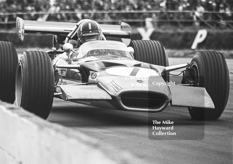 Graham Hill, Gold Leaf Team Lotus 49B, Silverstone, 1969 British Grand Prix.
