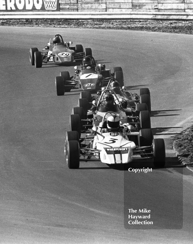 Roger Williamson, Wheatcroft Racing March 723,&nbsp;Andy Sutcliffe, GRD 372, Barrie Maskell, Lotus 69, James Hunt, STP March 723,&nbsp;and Bob Evans, Alan McKechnie March 723, Mallory Park, Forward Trust 1972.
