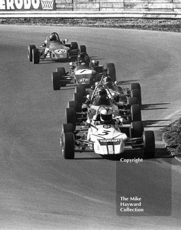 Roger Williamson, Wheatcroft Racing March 723,&nbsp;Andy Sutcliffe, GRD 372, Barrie Maskell, Lotus 69, James Hunt, STP March 723,&nbsp;and Bob Evans, Alan McKechnie March 723, Mallory Park, Forward Trust 1972.
