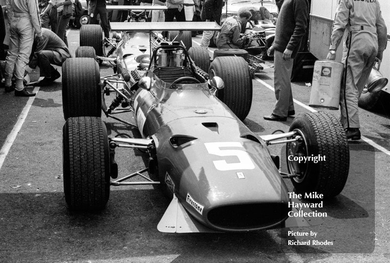 Chris Amon's Ferrari 312 in the paddock at the 1968 British Grand Prix, Brands Hatch.<br />
<br />
<em>Picture by Richard Rhodes</em>
