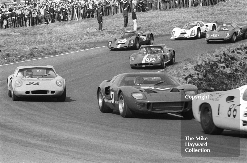 Bob&nbsp;Vincent, GT40, leads&nbsp;Phil Silverston,&nbsp;Chevron BMW,&nbsp;John Bridges, Red Rose Motors Chevron GT,&nbsp;Tony Dean, Porsche Carrera 6,&nbsp;Hans Wangstre, BAM BAM Racing Team Ferrari Dino,&nbsp;and John Morris, Opposite Lock Club Porsche Carrera 6, Oulton Park, Spring Cup 1968.
