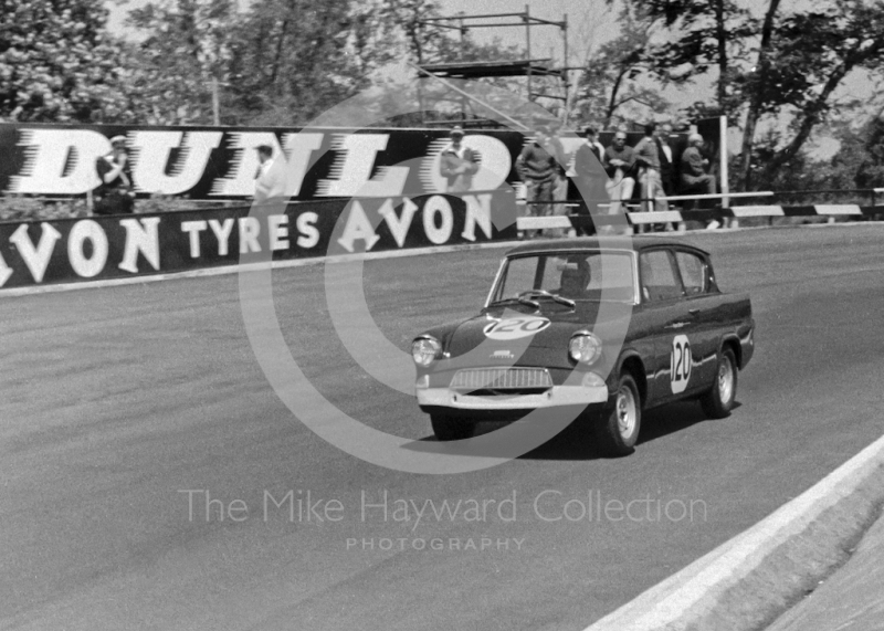 Mike Young, Superspeed Conversions Ford Anglia 1198cc, winning the Slip Molyslip Trophy B race, average speed 74.58mph, BRSCC National meeting, Mallory Park, June, 1963
