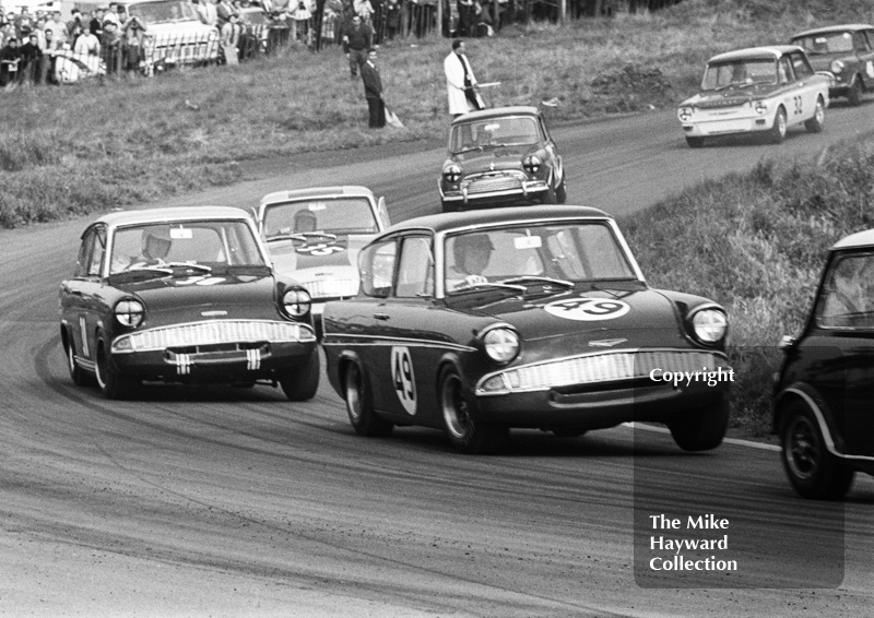 Nick Brittan, Superspeed Ford Anglia, leading John Fitzpatrick, Broadspeed Ford Anglia and Alan Peer, East Anglian Racing Ford Anglia, Oulton Park Gold Cup meeting, 1967.
